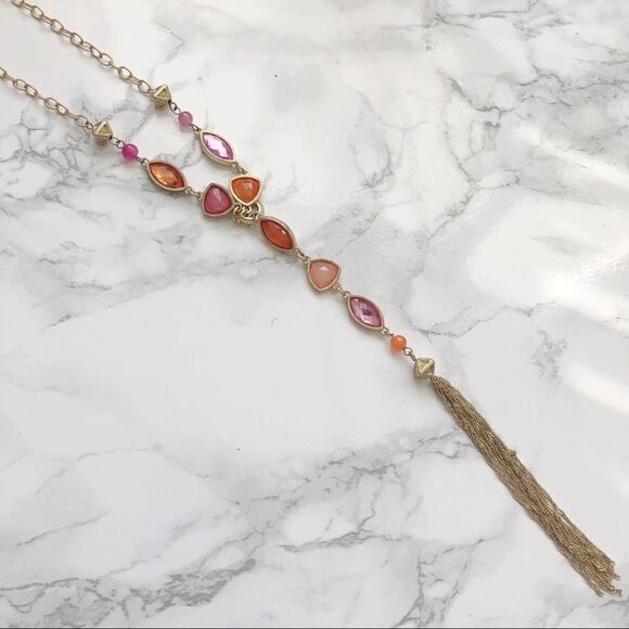 2/$30 Pink Orange Gold Chain Tassel Necklace with dangle drop Earrings Set - Picture 1 of 2
